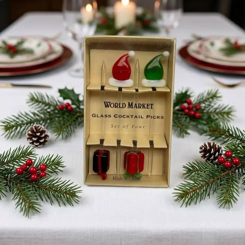 World Market Glass Cocktail Picks Set of 4 Christmas Santa Hat Gift Present Bar